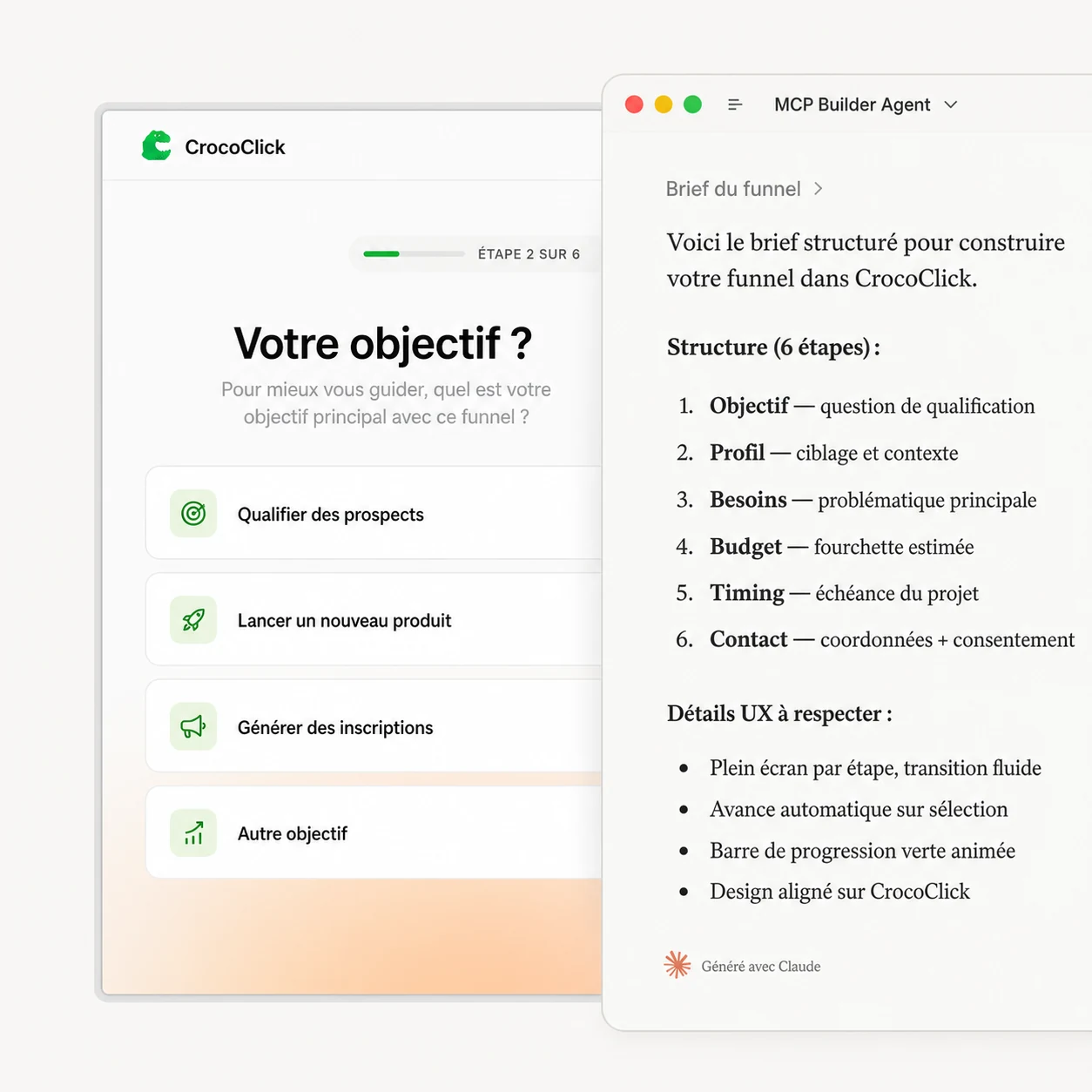 Agent Builder préparant un funnel à partir d’un prompt