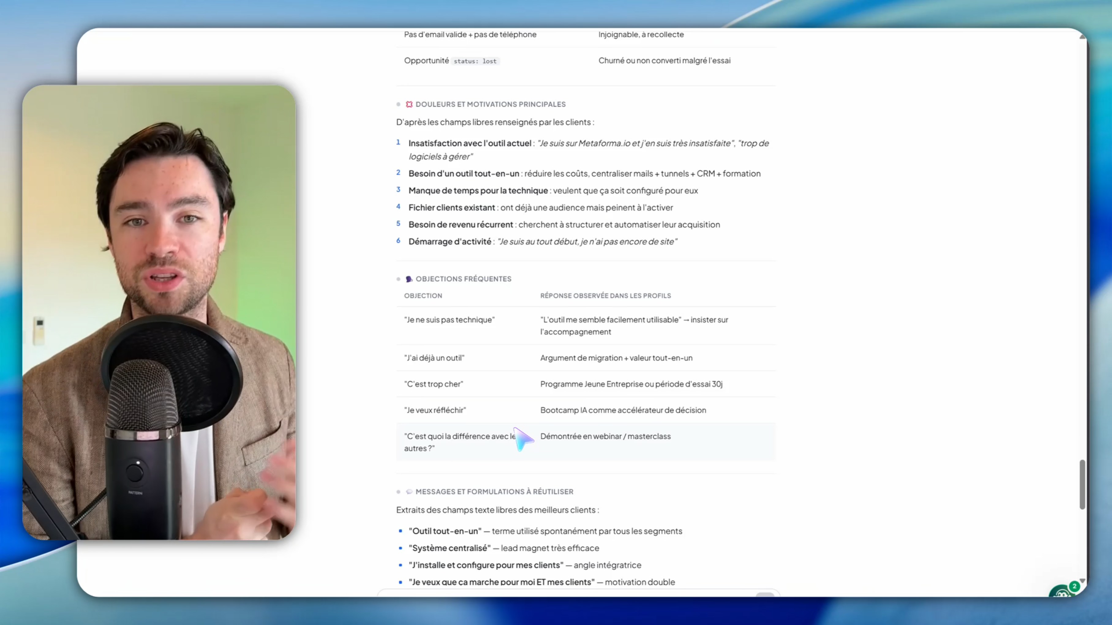 Analyse des douleurs et objections clients