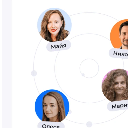 Portraits de membres reliés sur une orbite, image d’un réseau d’entraide